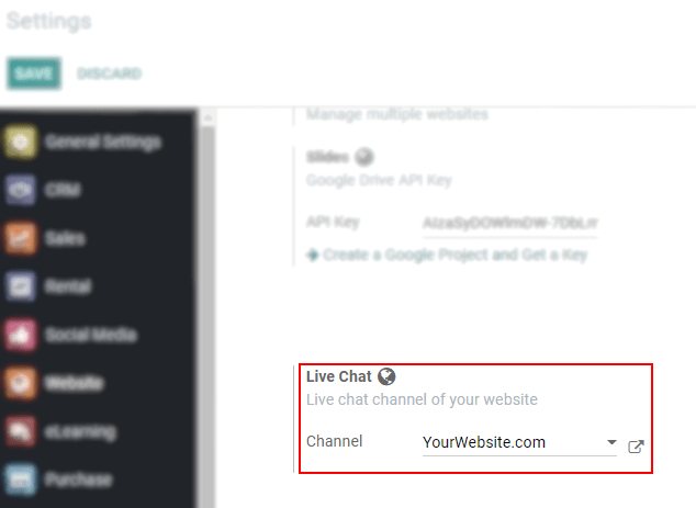 View of the settings page and the live chat feature for Odoo Live Chat