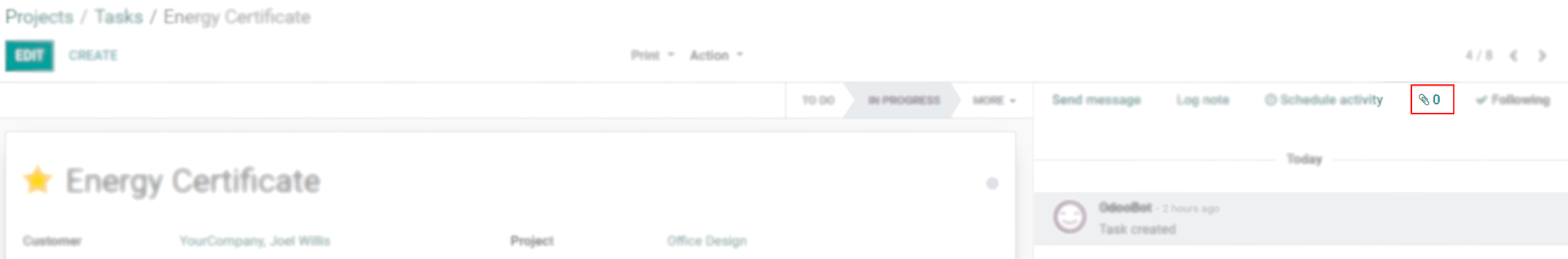 Click on the attachment icon to manage files in Odoo Project