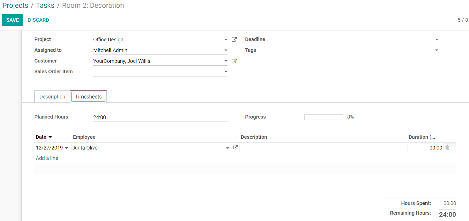 On the task under the timesheets tab add the time spent in Odoo Project Application