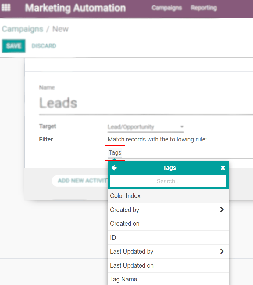 Apply tags as filters in Odoo Marketing Automation application