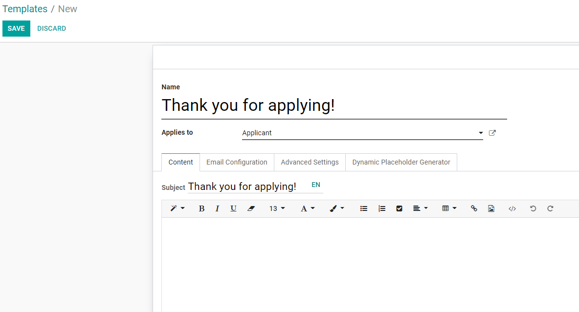 New email template form in Odoo