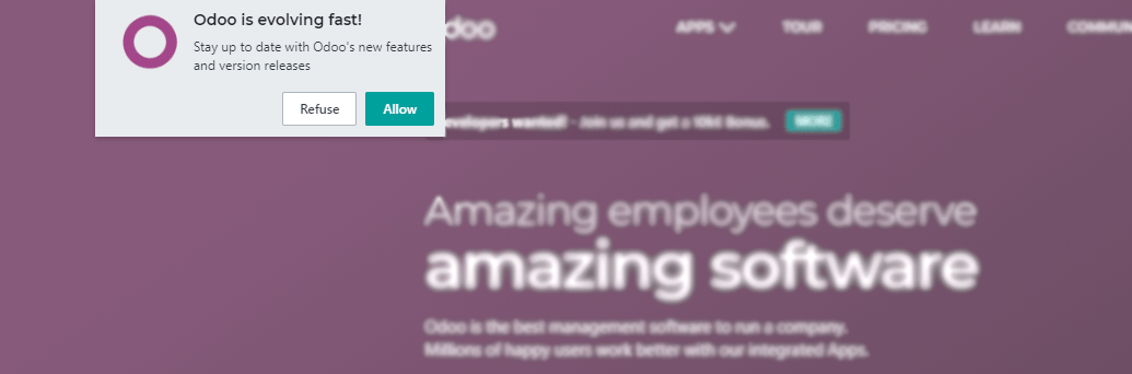 Request to send messages is being shown on the page for Odoo Social Marketing