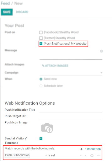 Define rules to send push notifications in Odoo Social Marketing
