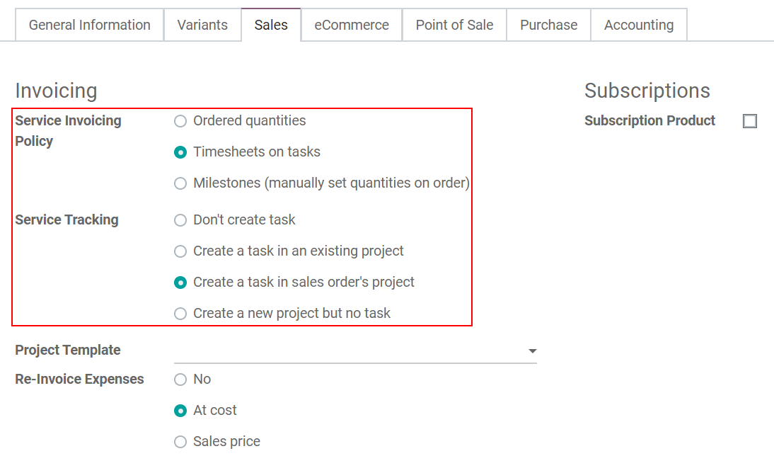 Choose the invoicing options on a product form under the sales tab in Odoo Project
