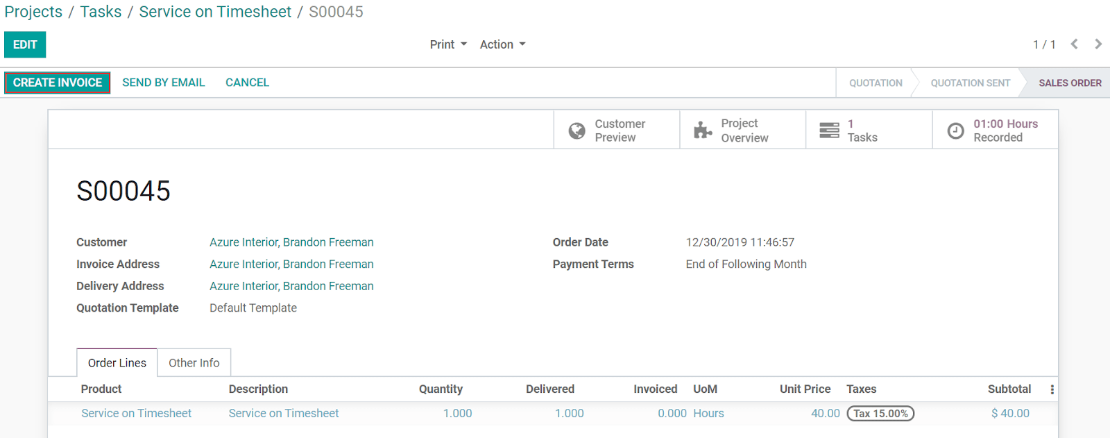 Click on sales order in the task once it is complete in Odoo Project