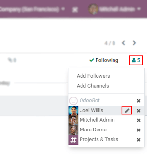 Click on the follower icon, then on edit subscription in Odoo Project