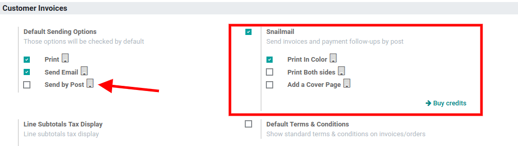 Under settings enable the snailmail feauture in Odoo Accounting
