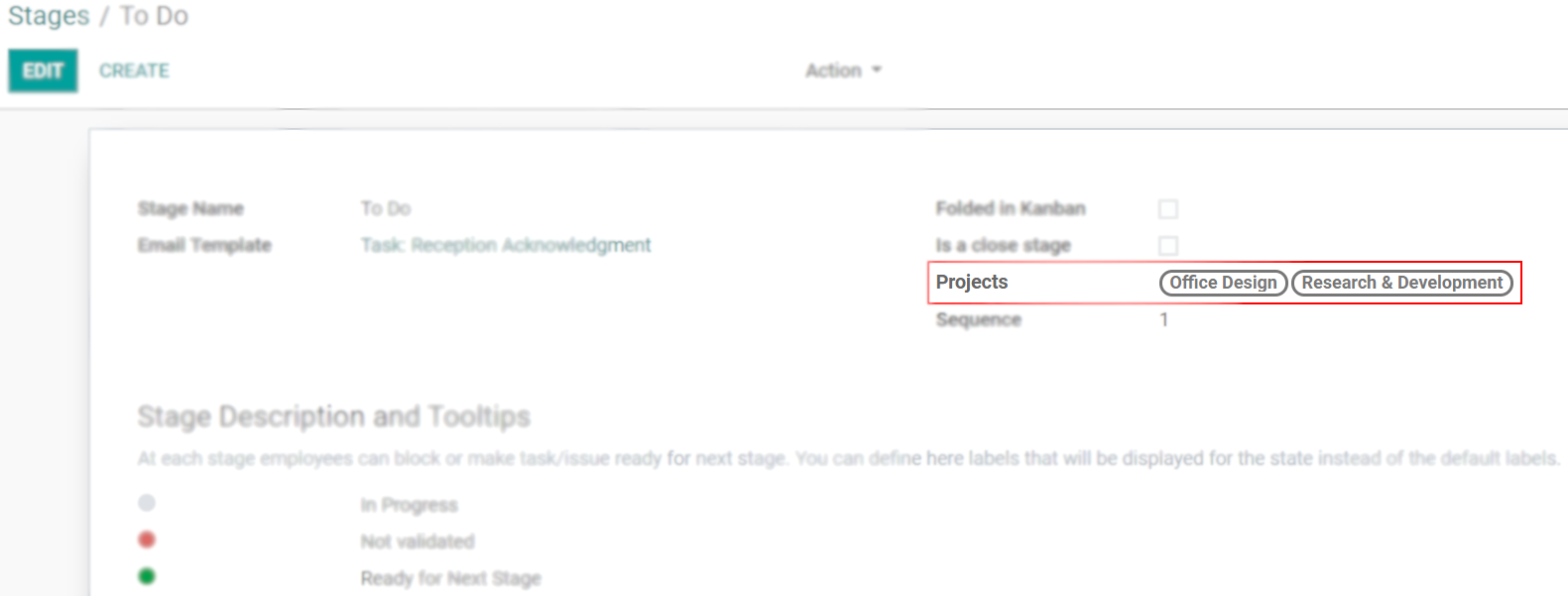 Open a stage and choose the projects to share it with in Odoo Project