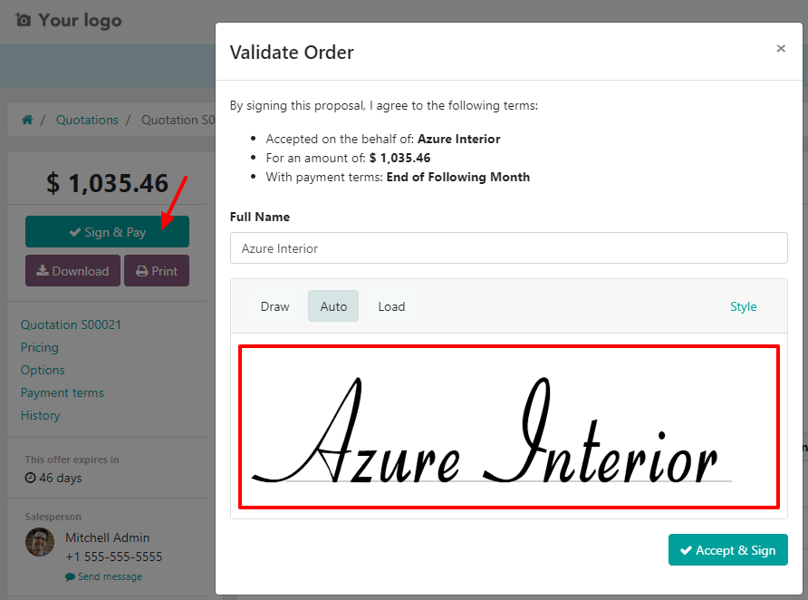 How to confirm an order with a signature on Odoo Sales?