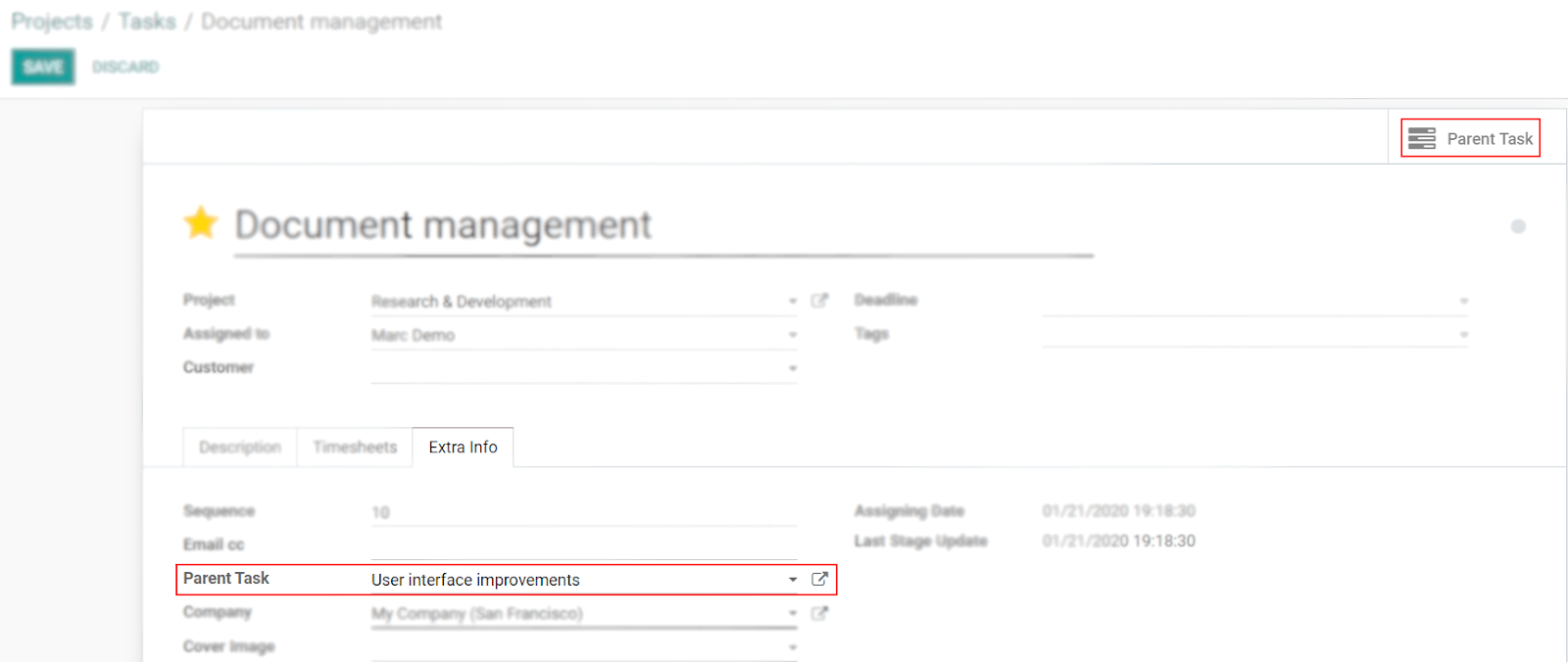 A tab extra info with a field parent task is being shown in Odoo Project