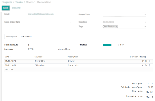 Timesheets tab being shown under a task in Odoo Project