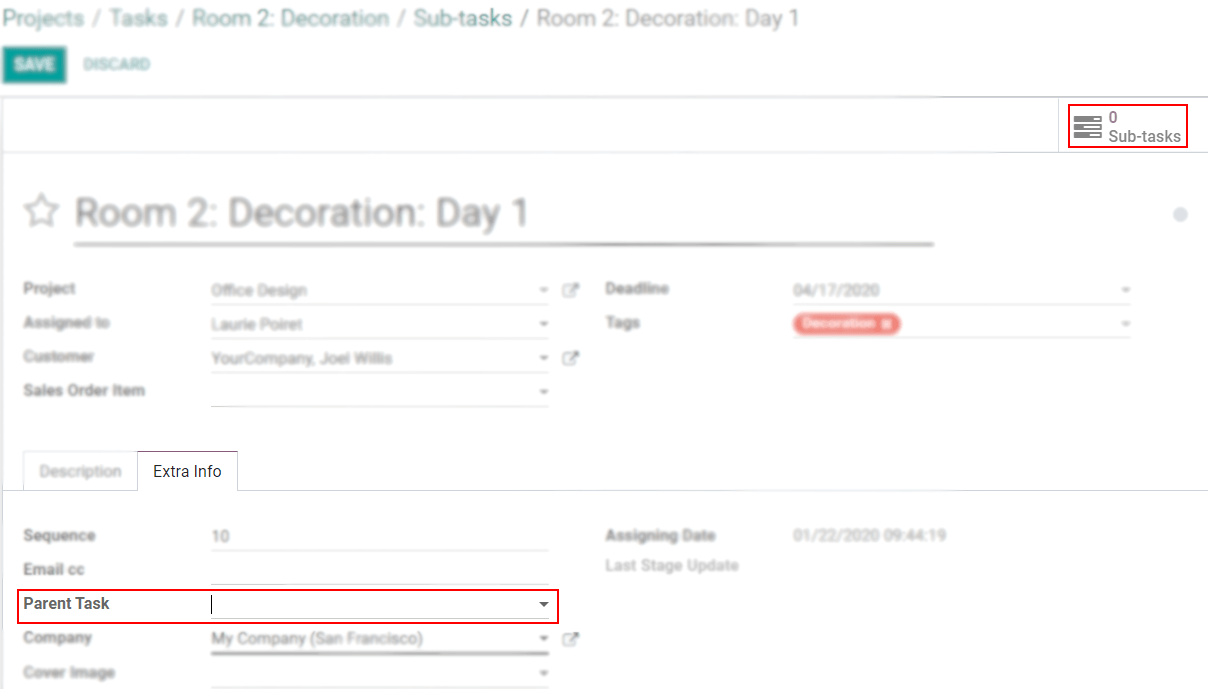 A tab extra info with a field parent task is being shown in Odoo Project