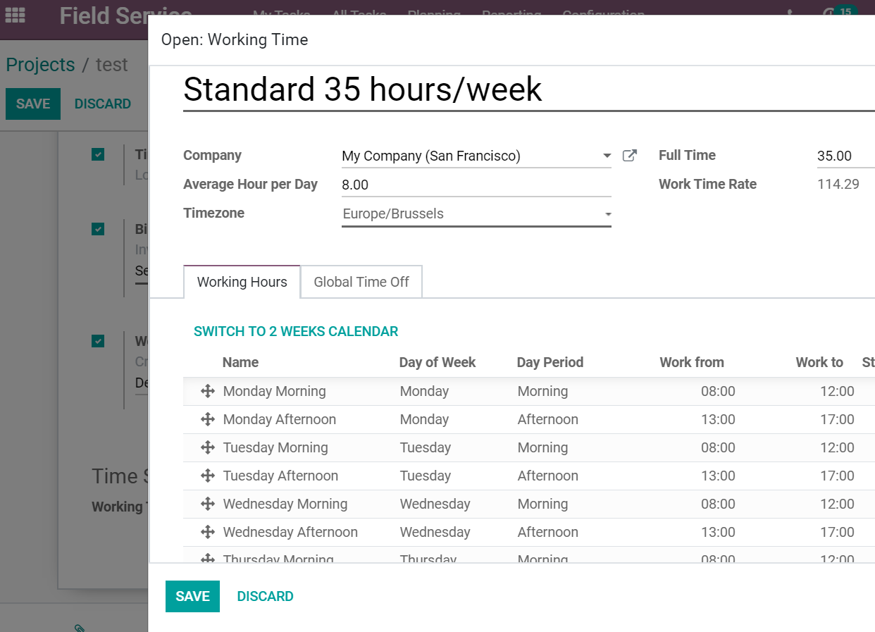 Edit the working hours from Odoo Project